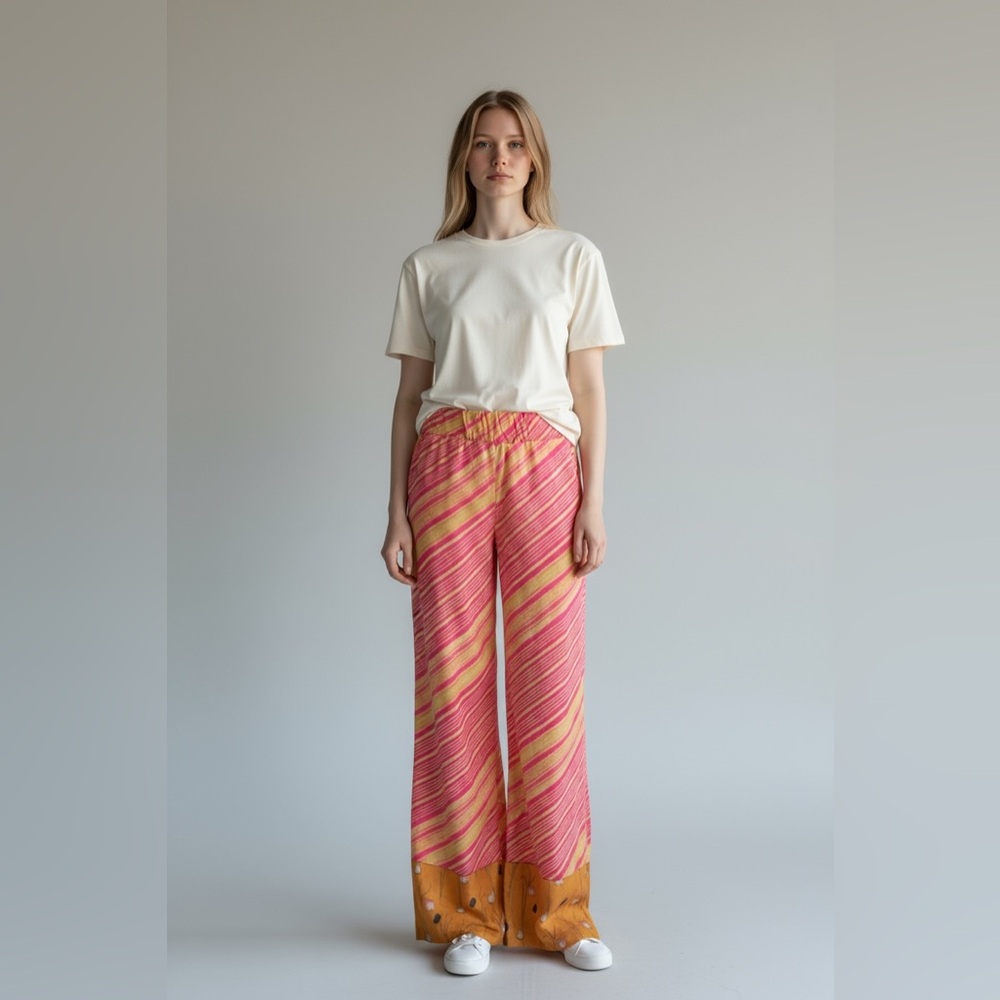 NWT Elevenses Anthropologie Palazzo Pants Pink Yellow Striped Tulip Size Medium